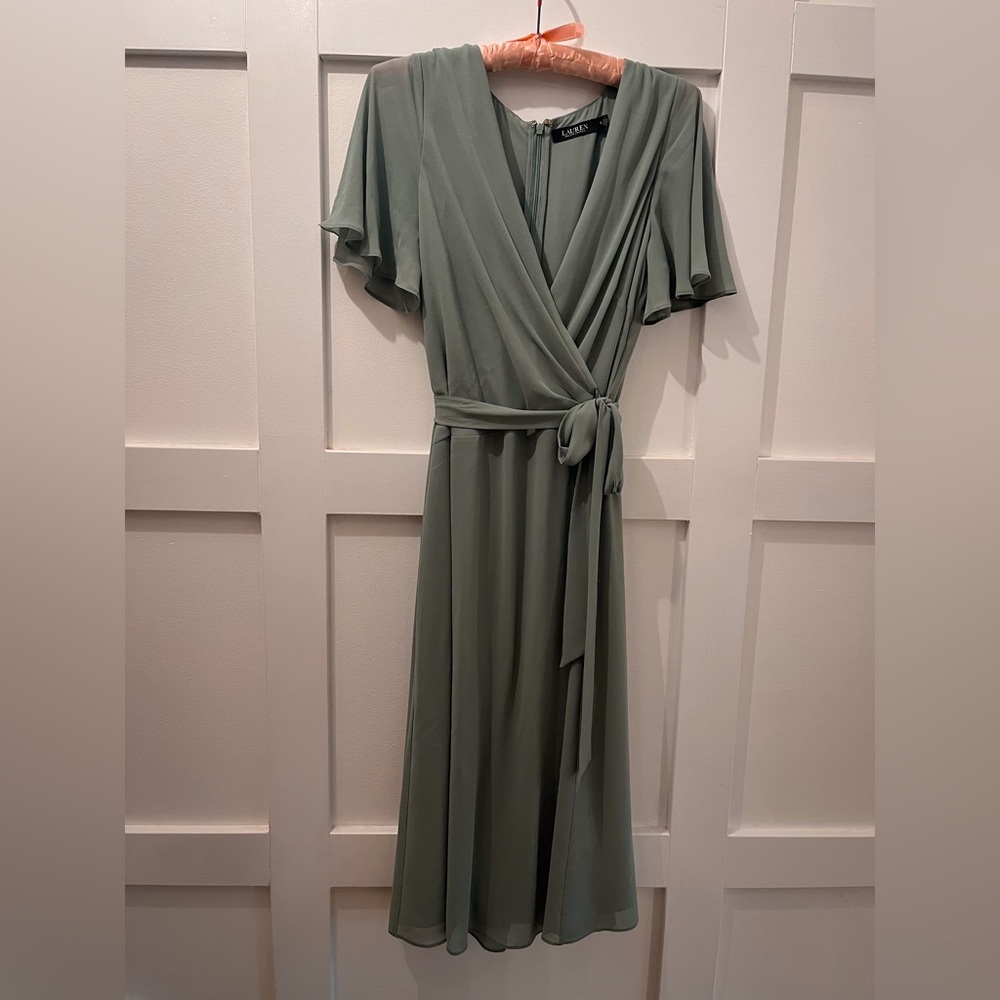 Ralph Lauren, V-Neck Flutter Sleeve Fit and Flare Midi Dress